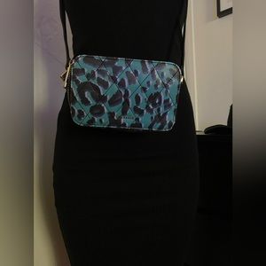Ted Baker ,small crossbody double zipper bag , blue cheetah print